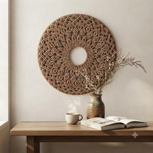 May include: A circular macrame wall hanging featuring intricate knotted patterns in a natural tan cord, centred with a hollow opening. The design displays a symmetrical, mandala-like arrangement of woven loops and geometric shapes.