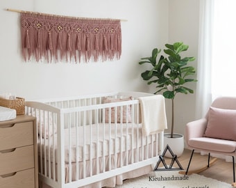 Blush Pink Macrame Wall Hanging with Wooden Beads, Boho Horizontal Wall Art, Mauve Tassel Garland, Headboard Decor, Nursery Wall Decoration