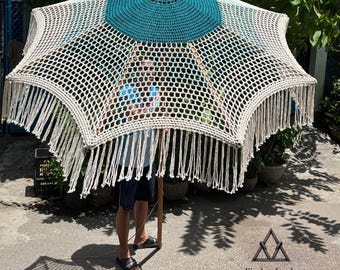 Handmade Boho Crochet Umbrella Cover - Ocean Inspired Ombre Canopy - 8 feet Replacement Canopy - Teal, Light Blue & Ivory Parasol