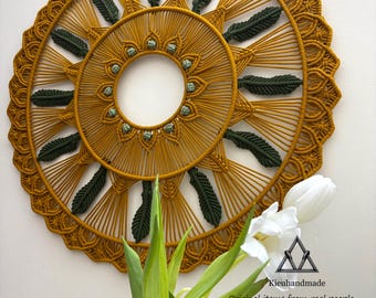 Large Macrame Mandala Wall Hanging 28 inch, Mustard Yellow and Sage Green Circular Fiber Art, Boho Sun Wall Decor for Bedroom or Living Room