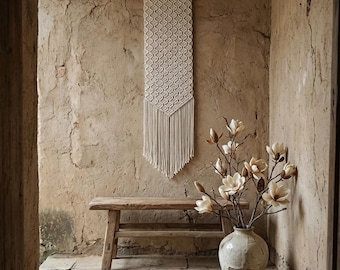 Macrame Boho Tapestry Textile Art - Minimalist Scandinavian Home Decor - Thin Wall Art for Living Room & Bedroom (12” x 50”)