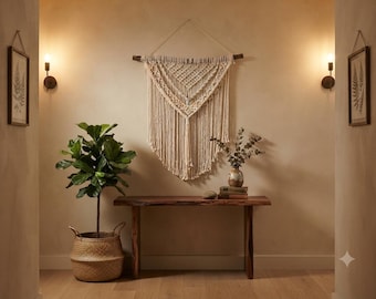 Extra Large Macrame Wall Hanging | Woven Geometric Diamond Headboard | 36" Wide Boho Cotton Fiber Tapestry | Heavy Duty Modern Wall Art