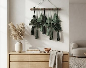 Macrame Christmas Tree Wall Hanging | Large Ombre Green Pine Forest Wall Art | Boho Holiday Decor on Driftwood | Woodland Fiber Tapestry