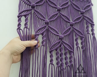 Purple Macrame Wall Hanging, Modern Geometric Fiber Art, Boho Wall Decor, Deep Purple Handmade Gift, Large Macrame Tapestry, 13" W x 31" H
