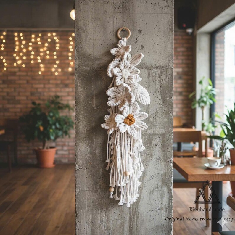 Handmade Flower Macrame Wall Art - Tall Narrow Floral Decor - Vintage Gift for Her image 13