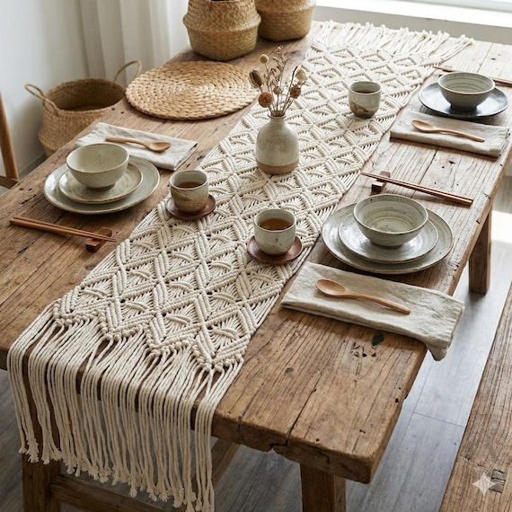 Handgefertigter Tischläufer aus Makramee aus Baumwolle, Boho-Dekoration, Hochzeitsgeschenk