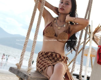 Ariel Mermaid Cosplay Costume, Shell Bra Top, Macrame Mermaid Dress, Two Pieces Bikini Cover Up