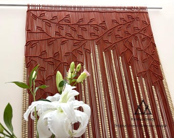 80 in Macrame Doorway Curtain with Wooden Beads, Boho Closet Cover, Custom Width Beaded String Curtain, Leaf Vine Macrame Room Divider