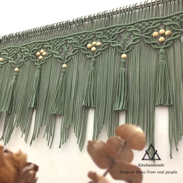 Kitchen Short Curtains, Boho Chic Macrame Valance - Long Narrow Wall Art Decoration, Handmade Neutral Macrame Curtain with Beads