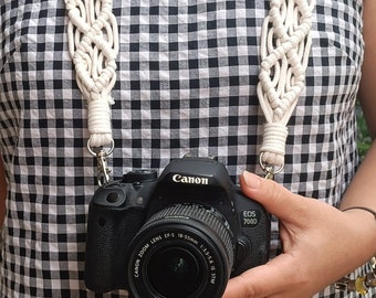 Macrame Brown Comfortable Camera Strap, Gift for Photographer and Traveler, Woven Natural Cotton Rope Braided Camera Strap