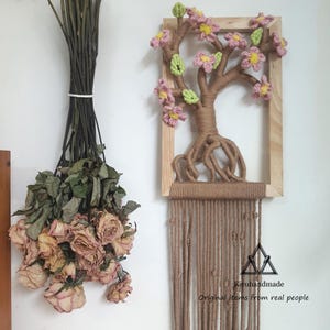 Springtime Decor, Japanese Flowers, Sakura Blossom,  Framed Macrame Tree Wall Art - Unique Botanical Green Decor for Nature Lovers
