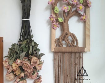 Springtime Decor, Japanese Flowers, Sakura Blossom,  Framed Macrame Tree Wall Art - Unique Botanical Green Decor for Nature Lovers