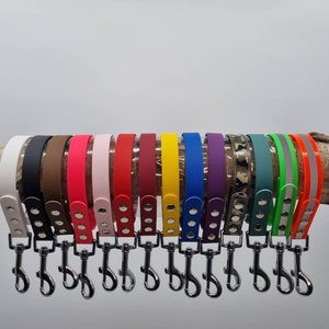 Puede incluir: Una variedad de correas para perros de colores brillantes con clips plateados. Las correas están dispuestas en una fila sobre una rama.