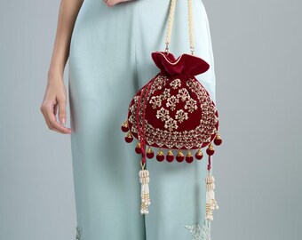 Zardozi Velvet Potli Bag: Handmade Indian Bridal Gift