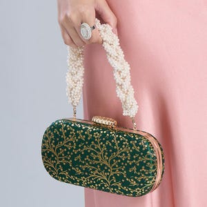 Brocade Silk Bridal Clutch with Pearl Handle