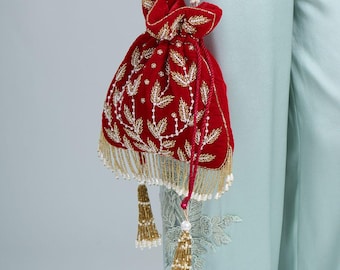 Handcrafted Zardozi Red Velvet Potli Bag: Indian Wedding Pearl Tassels