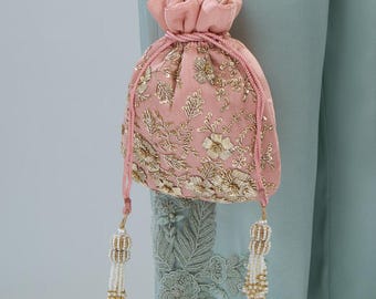 Bolso Zari Potli rosa ruborizado: clutch nupcial indio bordado a mano