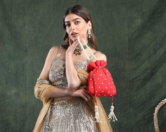 Red Pearl Handmade Potli Bag | Indian Wedding Gift