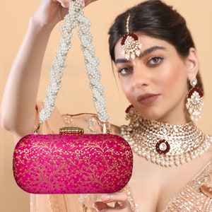 Brocade Silk Bridal Clutch with Pearl Handle