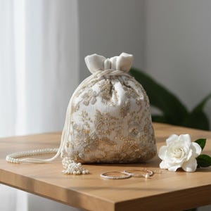May include: An ivory drawstring pouch with gold floral embroidery. The bag is embellished with gold beads and a pearl drawstring. A white rose, pearl necklace, and two gold bracelets are on a wooden surface.