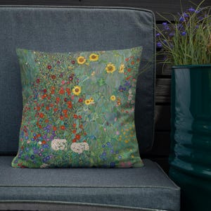 Gustav Klimt Farm Garden with Sunflowers cushion pillow.  Klimt pillow. Gustav Klimt print. Gustav Klimt cushion
