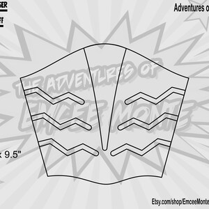 Peut inclure: Un dessin au trait noir et blanc d'un bracelet Power Ranger Bits Cuff, un accessoire en tissu avec un motif en zigzag. Le bracelet mesure 6,5 pouces par 9,5 pouces. Le texte "The Adventures of Emcee Monte" est écrit sur le bracelet.