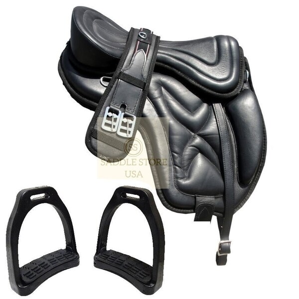 EuroPlus Leather Freemax Treeless Horse Black Softy Saddle 14 inch to 18 inch With Matching Girth and Plastic Stirrup bar Free Shipping