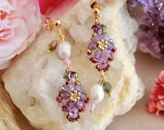 Amethyst flower earrings dangle with studs, Statement beaded jewelry, Mismatched colorful earrings, Dainty floral earrings, Gift for woman