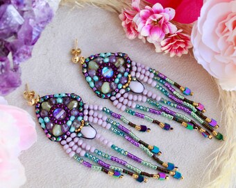 Indigenous triangle fringe earrings crafted with amethyst seed beads, Purple native made earrings, Bold beadwork earrings, Bestfriend gift
