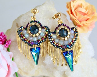 Boho beadwork earrings with labradorite, Bohemian golden fringe earrings, Ethnic blue swarovski bead earrings, Native long wedding earrings