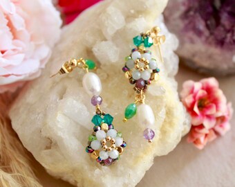 Mismatched flower statement earrings with chalcedony, Dainty gemstone earrings, Floral jewelry, Beaded dangle earrings, Blue pastel earrings