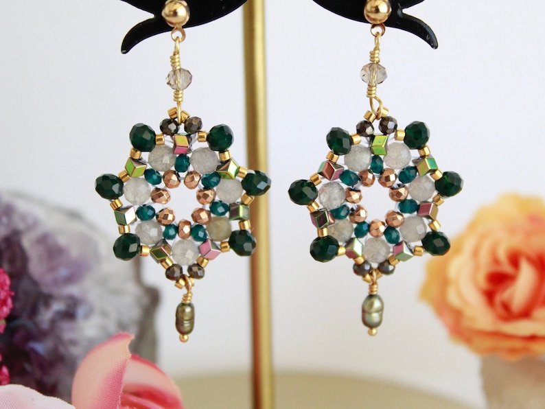 mexican jewelry boho chandelier earrings dangle gemstone earrings colorful beaded mexican earrings Green statement mandala earrings