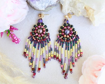 Indigenous bead earrings seed beaded with obsidian and hematite gemstone, Tribal fringe earrings with miyuki, Lightweight festival earrings