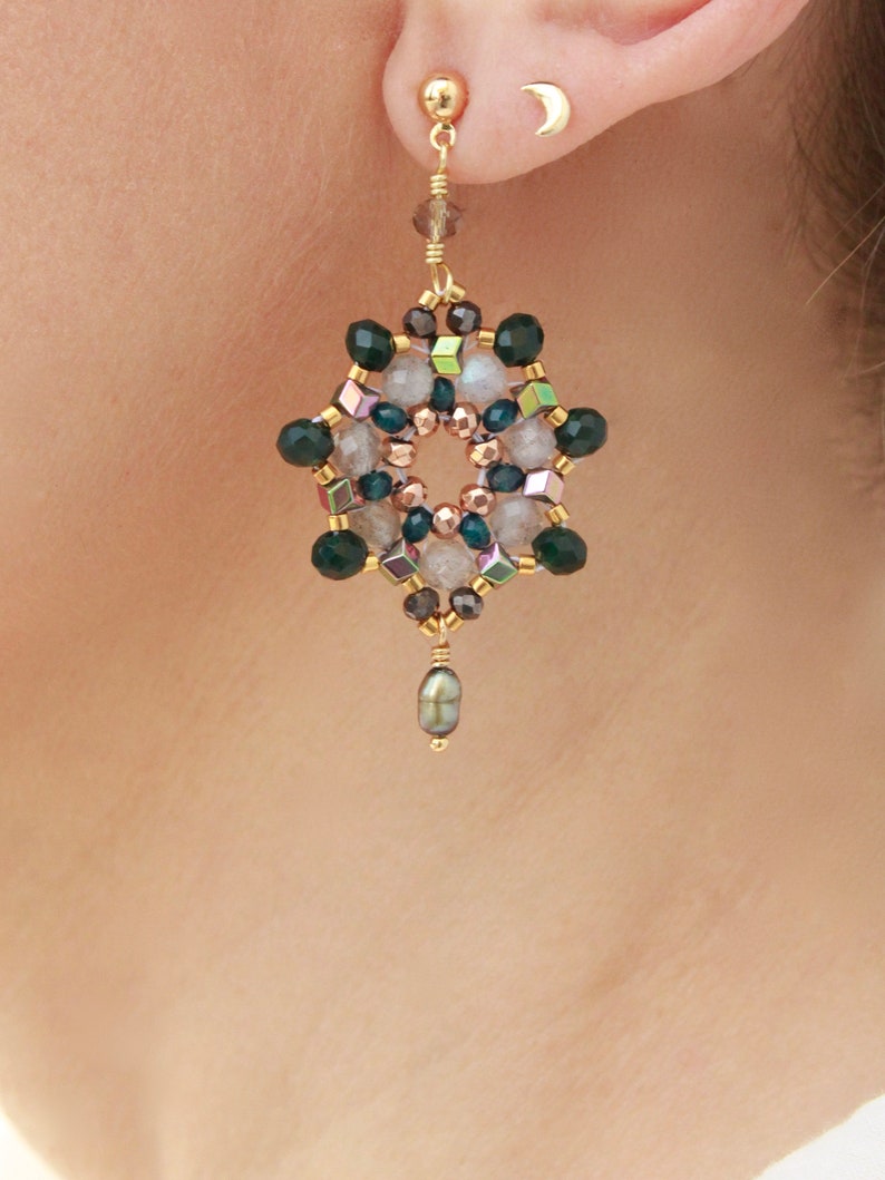 mexican jewelry boho chandelier earrings dangle gemstone earrings colorful beaded mexican earrings Green statement mandala earrings