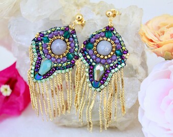 Purple native bead earrings with golden fringes and turquoise miyuki, Long ethnic beaded earrings, Statement lightweight earrings for woman