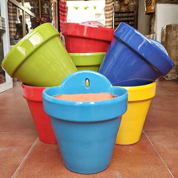 18 cm. (7") - Set de 3 Macetas para colgar - Pintadas a mano - Cerámica de Granada (España) - Colorful Ceramic hanging planters from Cordoba