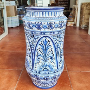 Large Umbrella Stand 47 cm 19 hand painted cane stand Hand painted Toledo ceramic Blue Ceramic umbrella stand Stick vase image 1