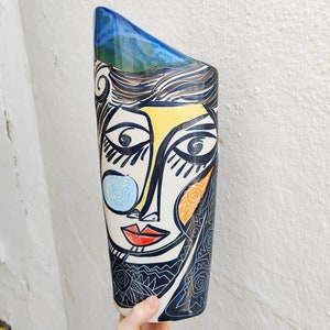 Large vase, "Picassian" style in "gres" - hand painted - Picasso stoneware - 41cm. (16") - Galicia (Spain) - Big Ceramic vases -