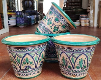 22cm. (8.7") - Set of 3 Ceramic Planter Pots - Hand Painted - "Green-Blue" Style - Toledo (Spain) - Set of Ceramic planter pots -
