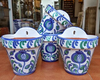 18 cm. (7") - Set de 3 Macetas para colgar - Pintadas a mano - Cerámica de Granada (España) - Granada Ceramic hanging planter pot