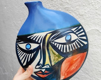 "Picassian" style vase in "gres" - hand painted - Picasso stoneware - 27cm. (10.6") - Galicia (Spain) - Ceramic vase - Home -