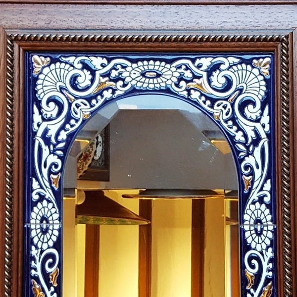 Miroir en céramique de style "Cuerda Seca" - 50x40cm (20"x16") - Fabriqué à Séville (Espagne) - Miroir en céramique espagnole avec cadre en bois -