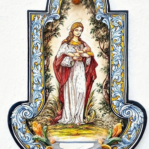 Hand-painted ceramic bless maker, style "Robles" - 49 cm. (19.3") - Made in Toledo - Spain - Ceramic holy water font - Handpainted