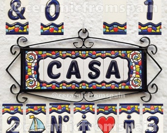Ceramic letters and numbers 7.5cm. (3") for the wall - Enamelled letters and numbers - "ArtNouveau" pattern - Ceramic tile letters/numbers -