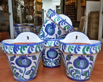 18 cm. (7") - Set de 3 Macetas para colgar - Pintadas a mano - Cerámica de Granada (España) - Granada Ceramic hanging planter pot