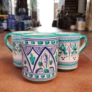 Set of 2 hand-painted ceramic Mugs - "Green/Blue" - 9.5cm. - Toledo (Spain) - Spanish ceramic coffee mug - Handpainted -