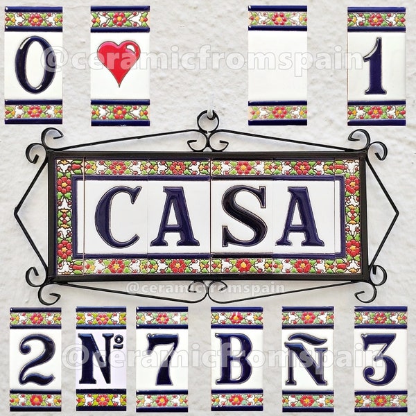 Ceramic letters and numbers 11cm. (4.3") for the wall - Enamelled by hand in Spain - Models "FLOR-4" - Ceramic tile letters and number -