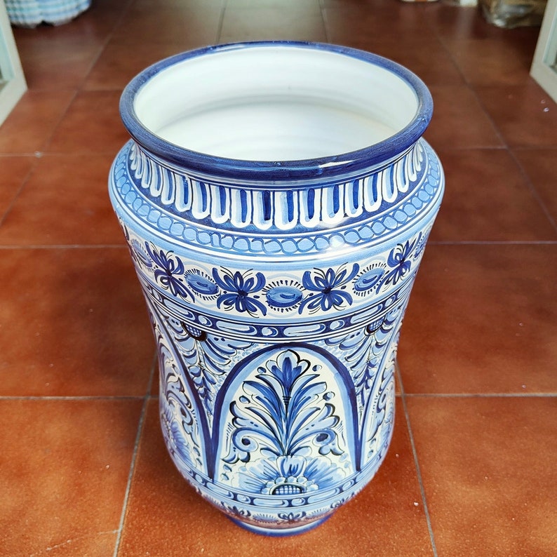 Large Umbrella Stand 47 cm 19 hand painted cane stand Hand painted Toledo ceramic Blue Ceramic umbrella stand Stick vase image 3