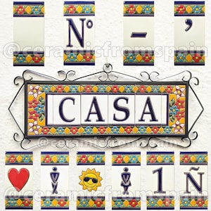 Ceramic letters and numbers 11cm. (4.3") for the wall - Glazed by hand in Spain - Model "SEVILLA" - Ceramic tile letters and numbers