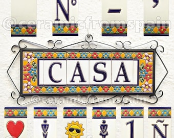 Letras y números de cerámica 11cm. (4.3") para la pared - Esmaltados a mano en España - Modelo "SEVILLA" - Ceramic tile letters and numbers